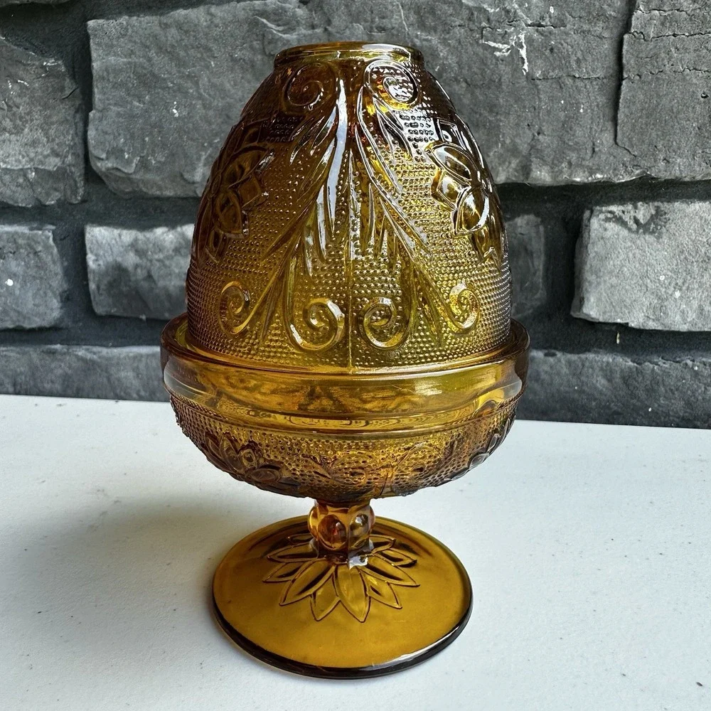 Vintage Indiana Glass Tiara Amber Sandwich Fairy Lamp Candle Holder Cottagecore